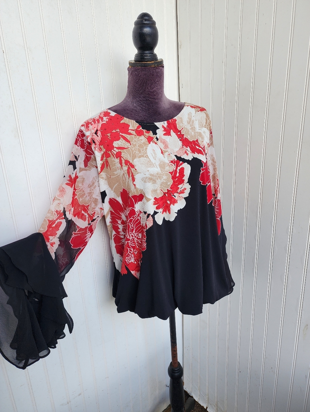 Alfani Womens Black Red Tan Long Flare Ruffled Sleeve Floral Printed Blouse Sz L